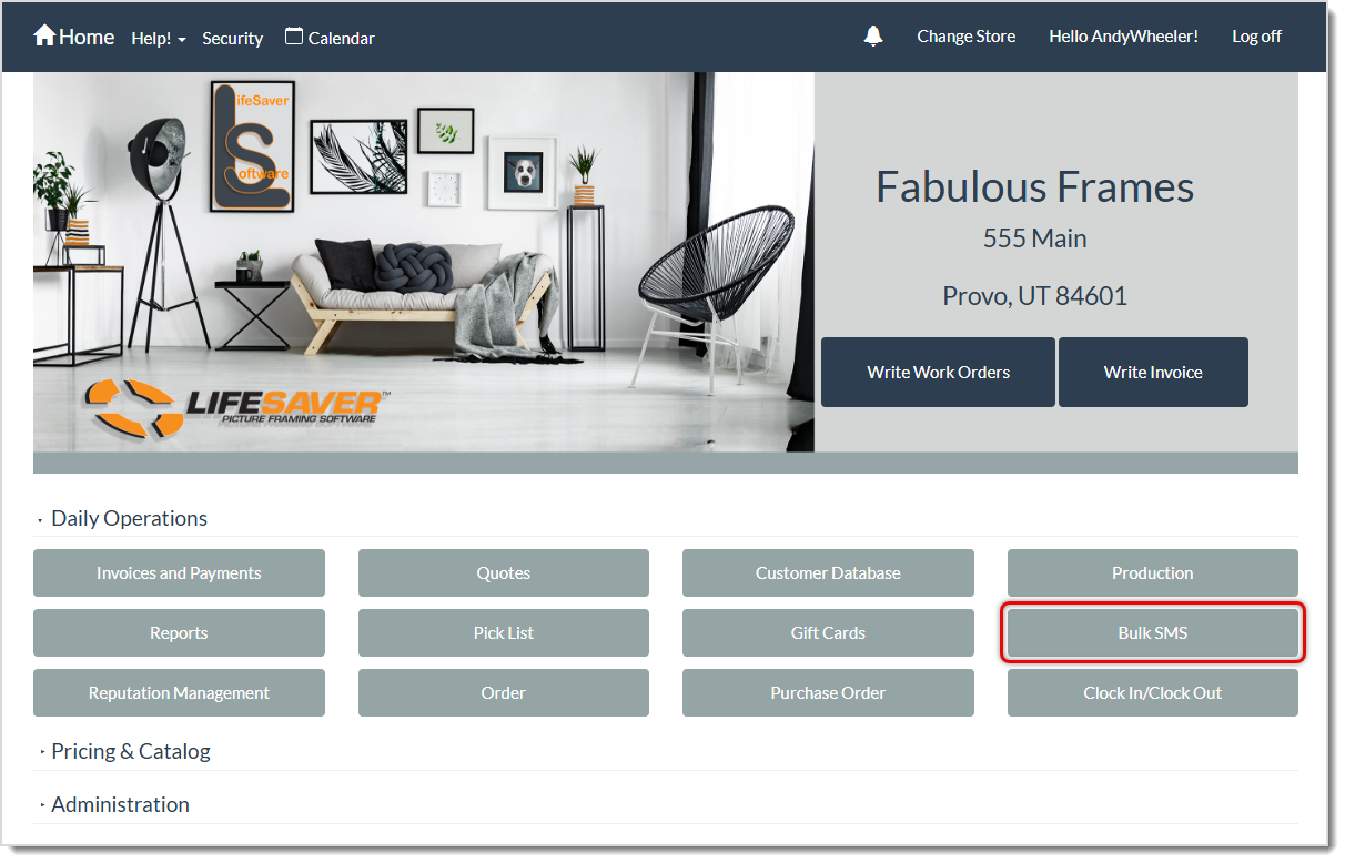 Image showing the Bulk SMS button in the Daily Operations area of the LifeSaver Software system Home page.