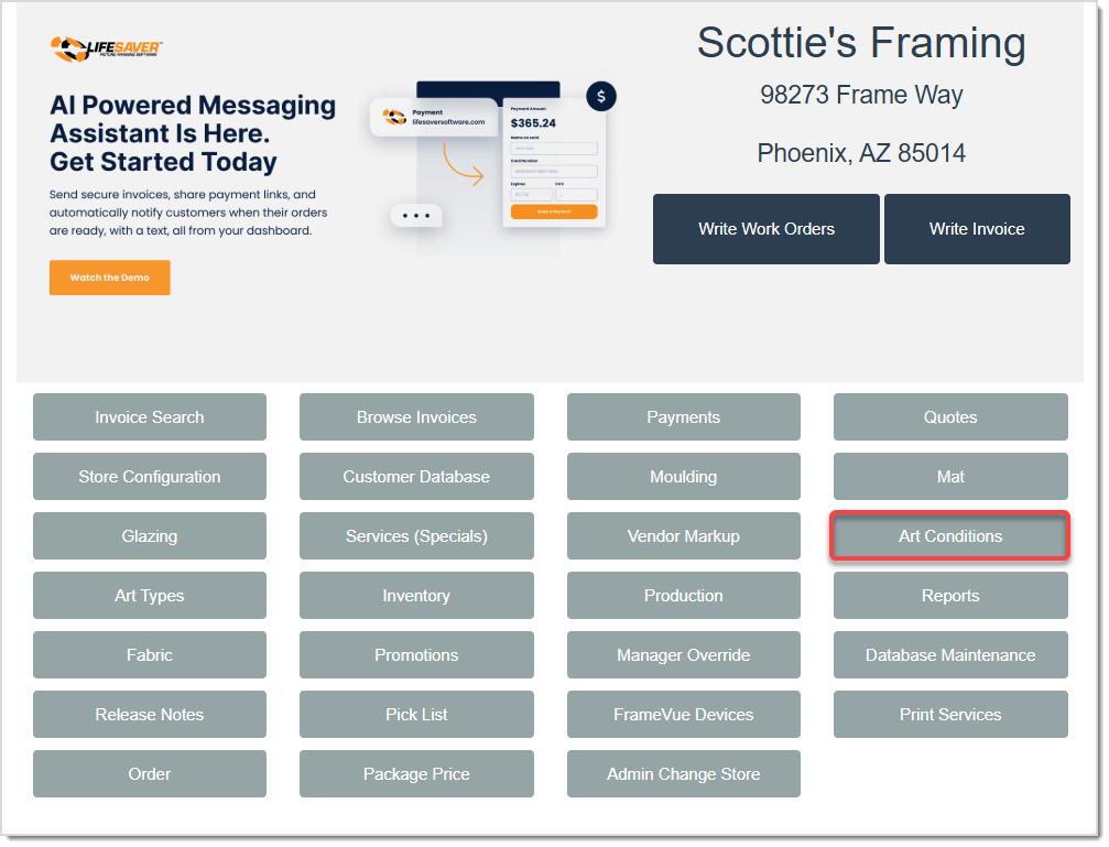 Image displaying the LifeSaver Home page, highlighting the Art Conditions button.