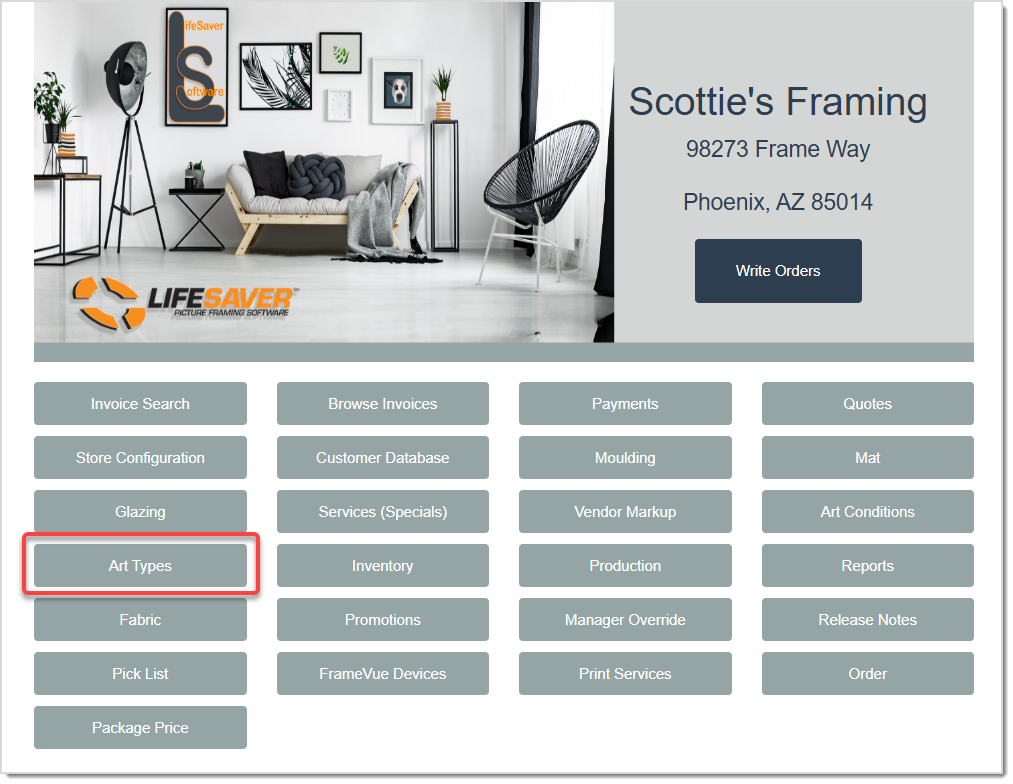 Image displaying the LifeSaver Home page, highlighting the Art Types button.