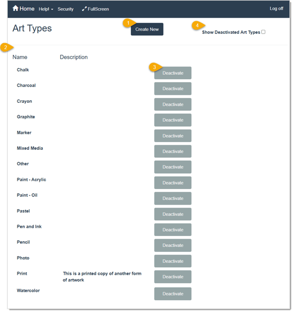 Image displaying the Art Types page of the LifeSaver software with key functions highlighted.