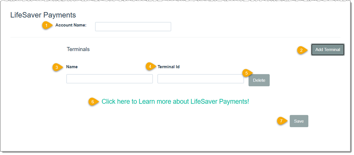 Image showing the LifeSaver Payments credit card processor setup area in the LifeSaver software with key features highlighted.