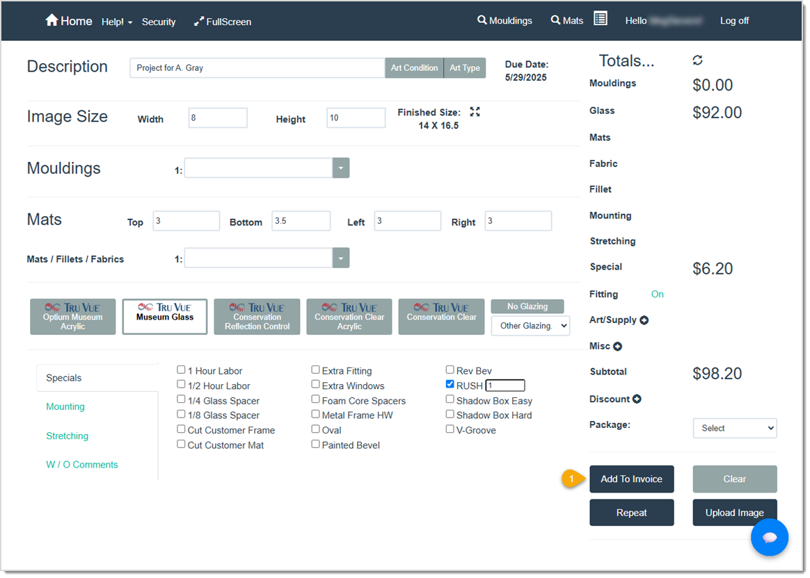 Image showing how to start a quote by creating a work order and clicking the Add To Invoice button in the LifeSaver software.