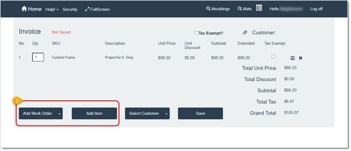 Image showing where to add more work orders or inventory items to a new quote on the Invoice page of the LifeSaver software.