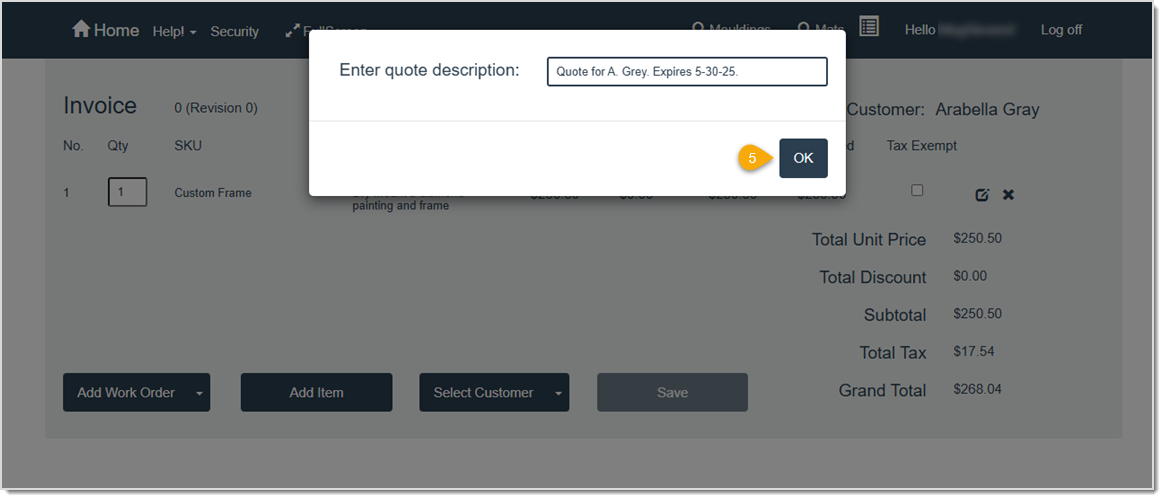 Image showing where to enter a description of a new quote in the LifeSaver software.