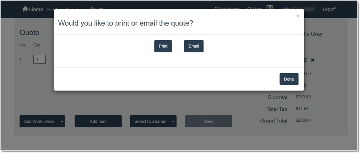 Image showing the print and email options available to use after creating a new quote in the LifeSaver software.