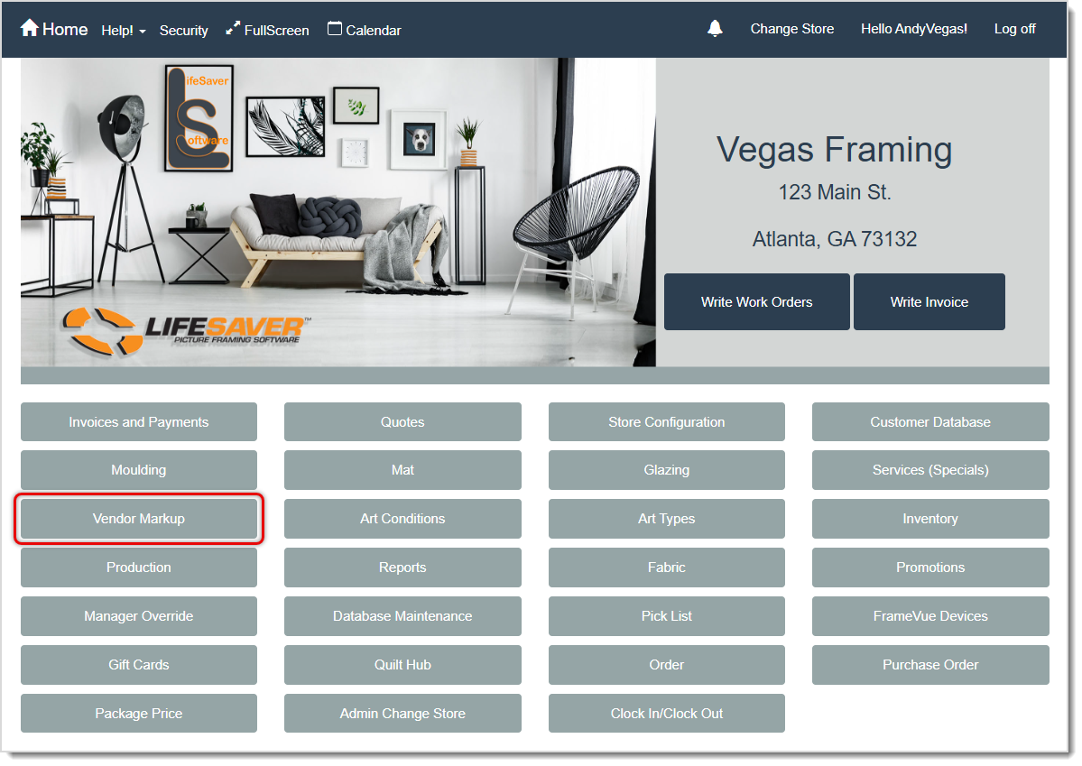 Image of the LifeSaver Software system Home page with the Vendor Markup button highlighted.