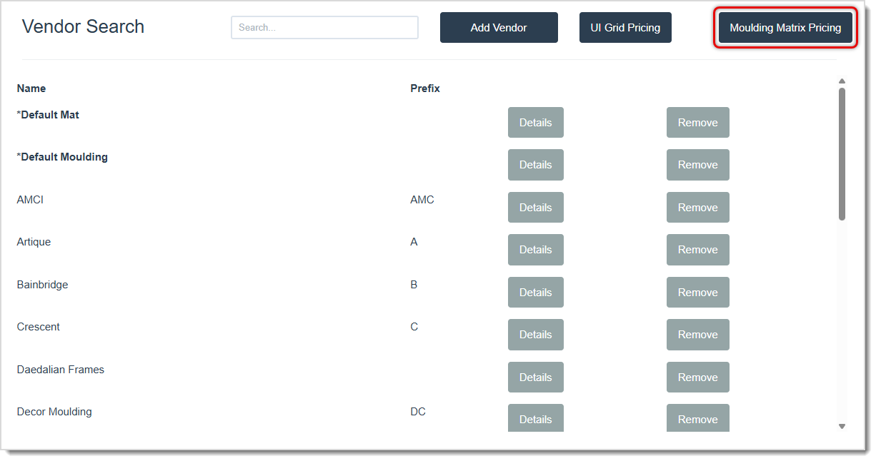 Image showing the Vendor Markup page of the LifeSaver Software system with the Moulding Matrix Pricing button highlighted.