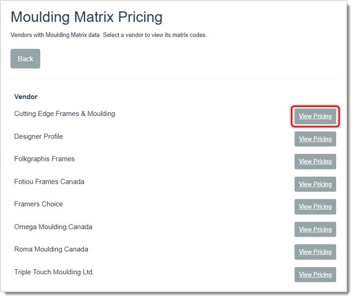 Image showing the Moulding Matrix Pricing page of the LifeSaver Software system with the View Pricing button highlighted.