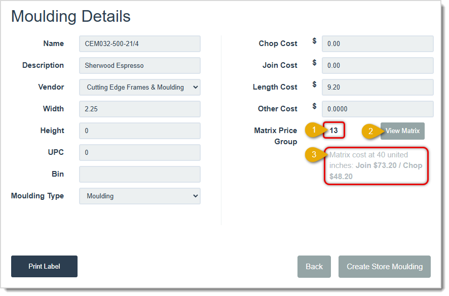 Image showing the Moulding Details page of the LifeSaver Software system with the Matrix Pricing details highlighted.