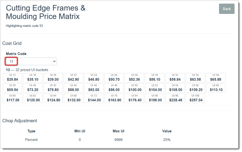Image showing a Vendor's Price Matrix page of the LifeSaver Software system with a Matrix Code highlighted.