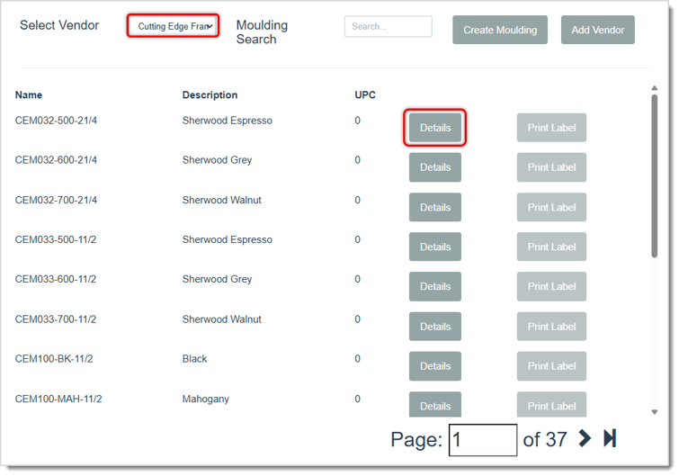 Image showing a vendor's Moulding page of the LifeSaver Software system with the Details button highlighted.