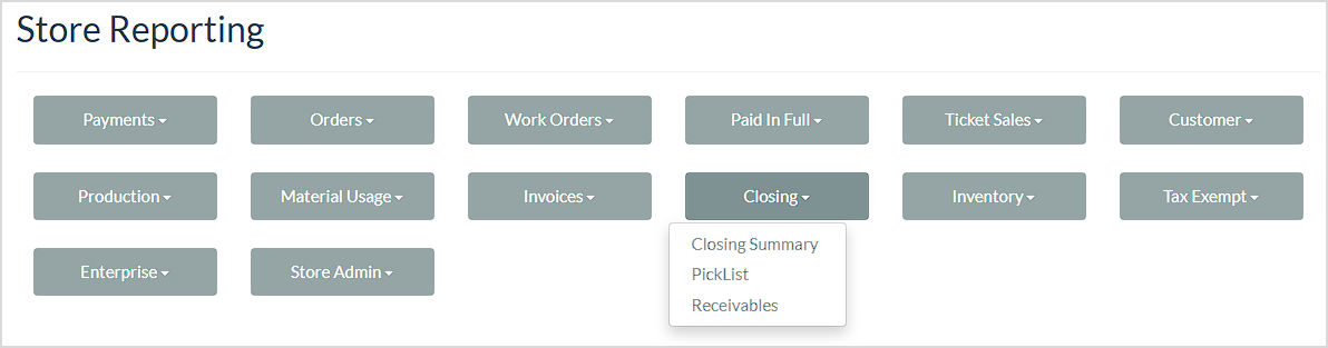 Image showing the Closing reports of the LifeSaver system’s Store Reporting page.