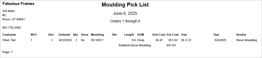 Image showing the Moulding by Vendor view of the Pick List report page in the LifeSaver system.