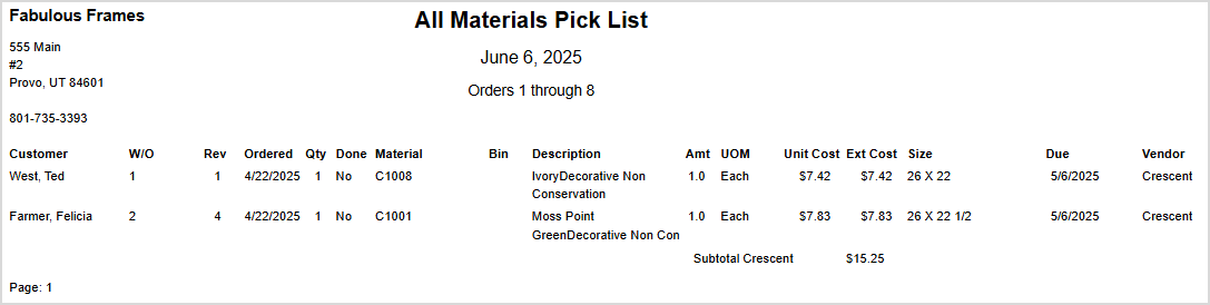 Image showing the All Materials by Vendor view of the Pick List report page in the LifeSaver system.