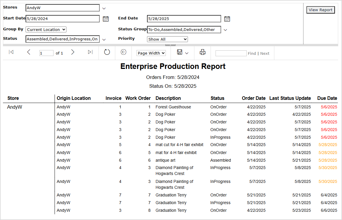 Image showing the Enterprise Production report page in the LifeSaver system.