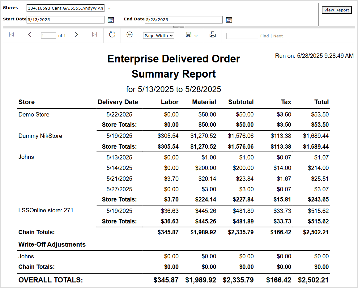 Image showing the Enterprise Delivered Order Summary report page in the LifeSaver system.