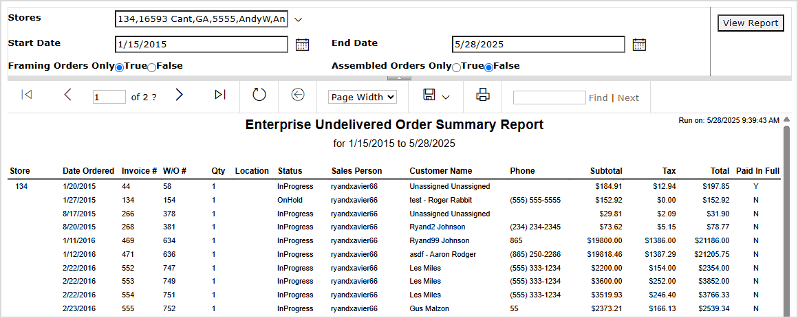 Image showing the Enterprise Undelivered Order Summary report page in the LifeSaver system.