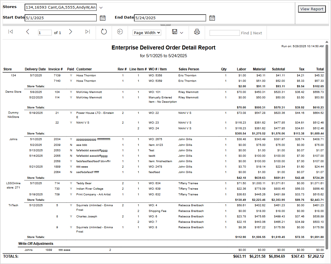 Image showing the Enterprise Delivered Order Detail report page in the LifeSaver system.