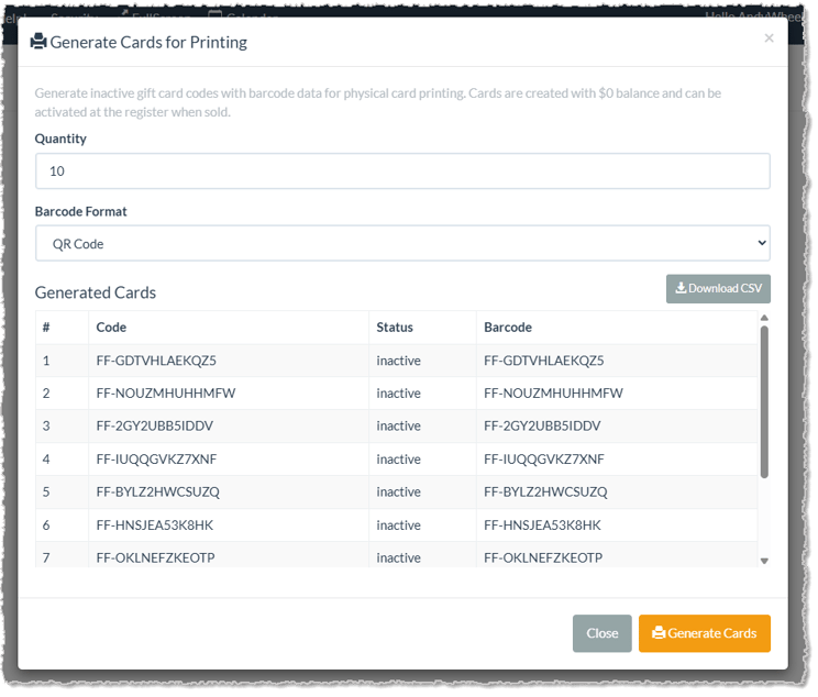 Image showing the Generate Cards for Printing window of the Utilities tab of the Gift Cards page of the LifeSaver Software system.