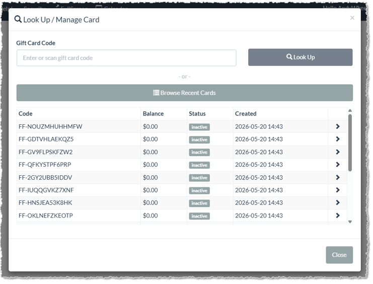 Image showing the Look Up / Manage Card window of the Utilities tab of the Gift Cards page of the LifeSaver Software system.