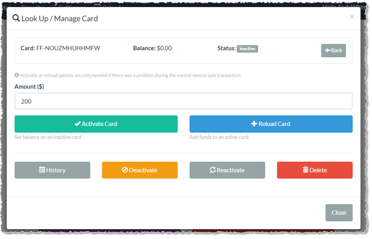 Image showing the Look Up / Manage Card window of the Utilities tab of the Gift Cards page of the LifeSaver Software system.