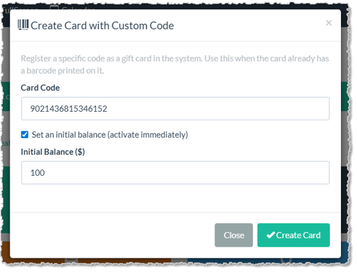 Image showing the Create Card with Custom Code window of the Utilities tab of the Gift Cards page of the LifeSaver Software system.