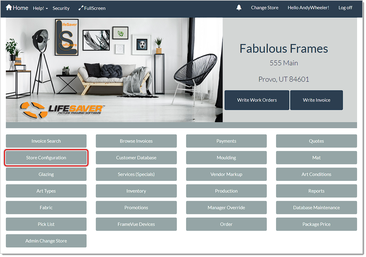 Image showing the Store Configuration area of the LifeSave Framing software Home page.