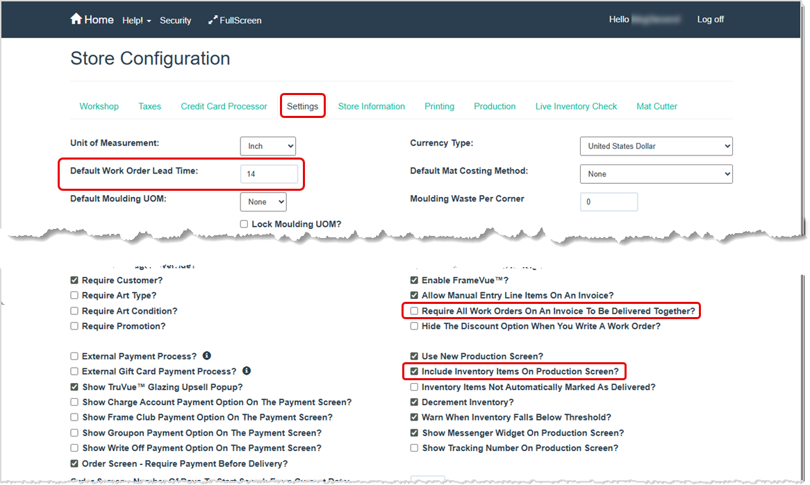 Image highlighting desirable Production options on the Settings tab in your Store Configuration Setup in the LifeSaver software.