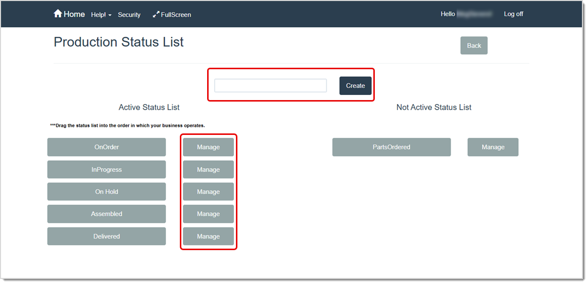 Image highlighting the create and manage production status options in the LifeSaver software.