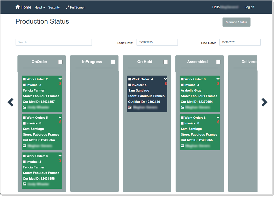 Image showing the Production Status page which is the main area for managing your production in the LifeSaver software.