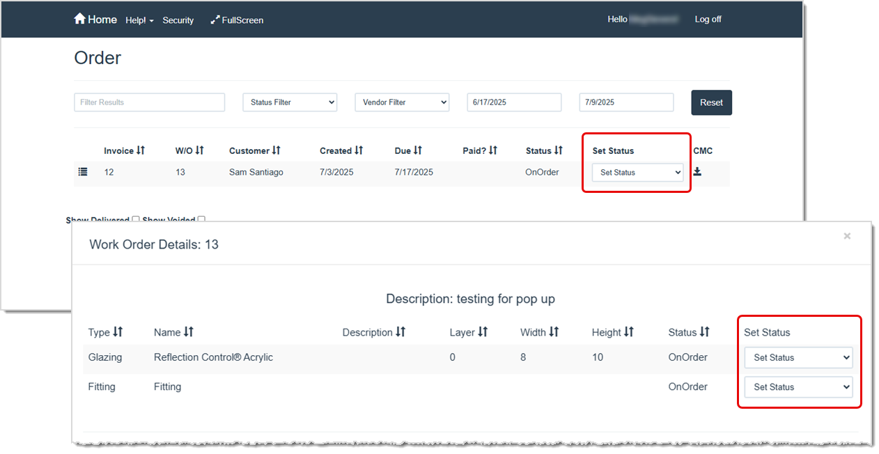 Image showing where you can set production status on the Order page or the Work Order Details window in the LifeSaver software.