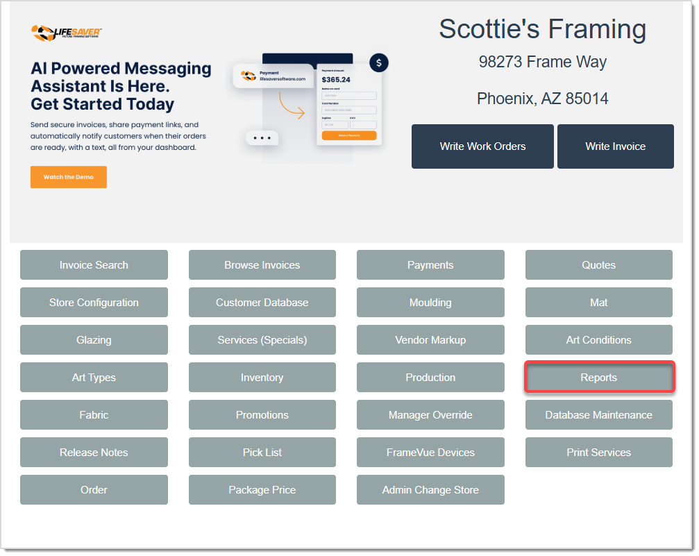 Image displaying the LifeSaver Home page, highlighting the Reports button.
