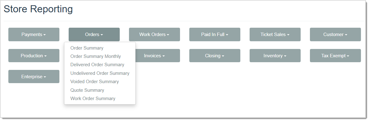 Image displaying the Orders Reports drop-list from the Store Reporting page of the LifeSaver software.