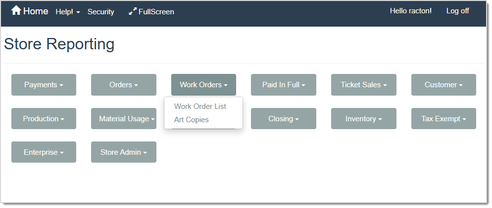 Image displaying the Store Reporting page of the LifeSaver software, highlighting the Work Orders report drop-list.