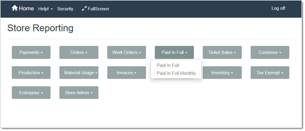 Image displaying the Store Reporting page of the LifeSaver software, highlighting the Paid In Full report options.
