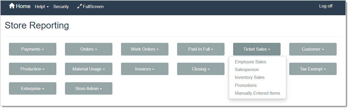 Image displaying the Store Reporting page of the LifeSaver software, highlighting the Ticket Sales Reports.