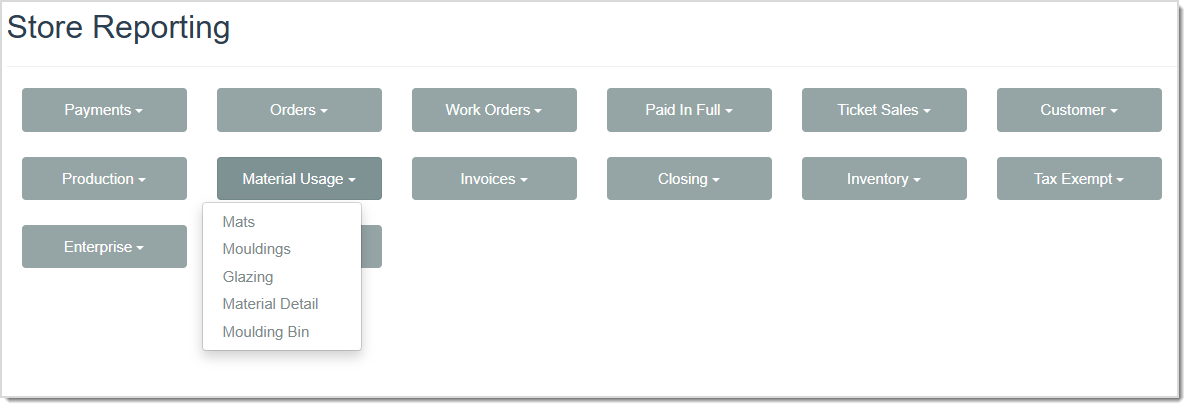 Image displaying the Material Usage Reports drop-list from the Store Reporting page of the LifeSaver software.