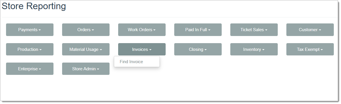 Image displaying the Invoices Report drop-list from the Store Reporting page of the LifeSaver software.