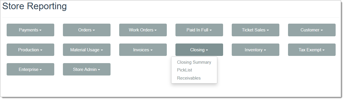 Image displaying the Closing Report drop-list from the Store Reporting page of the LifeSaver software.