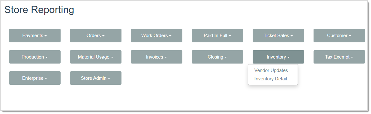 Image displaying the Inventory Reports drop-list from the Store Reporting page of the LifeSaver software.