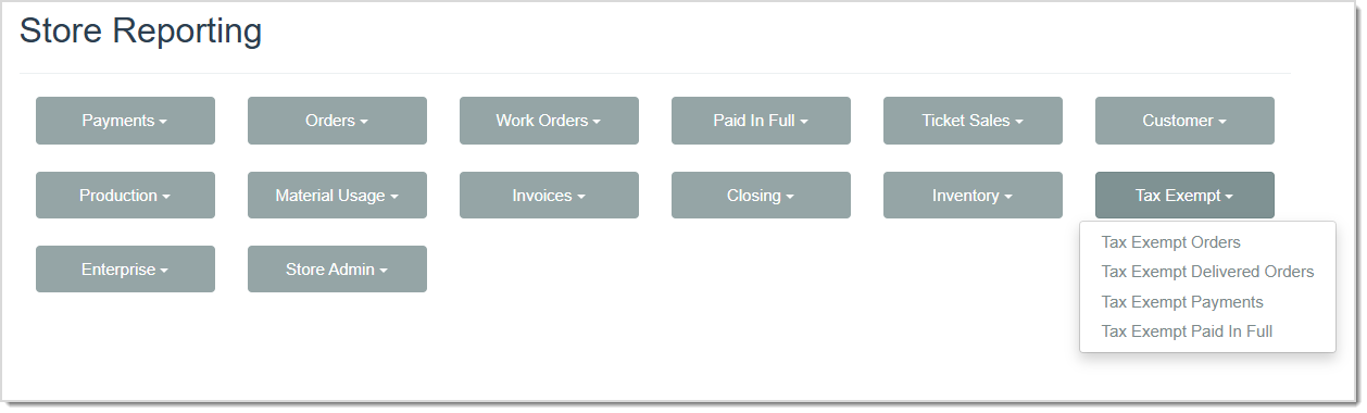 Image displaying the Tax Exempt Reports drop-list from the Store Reporting page of the LifeSaver software.