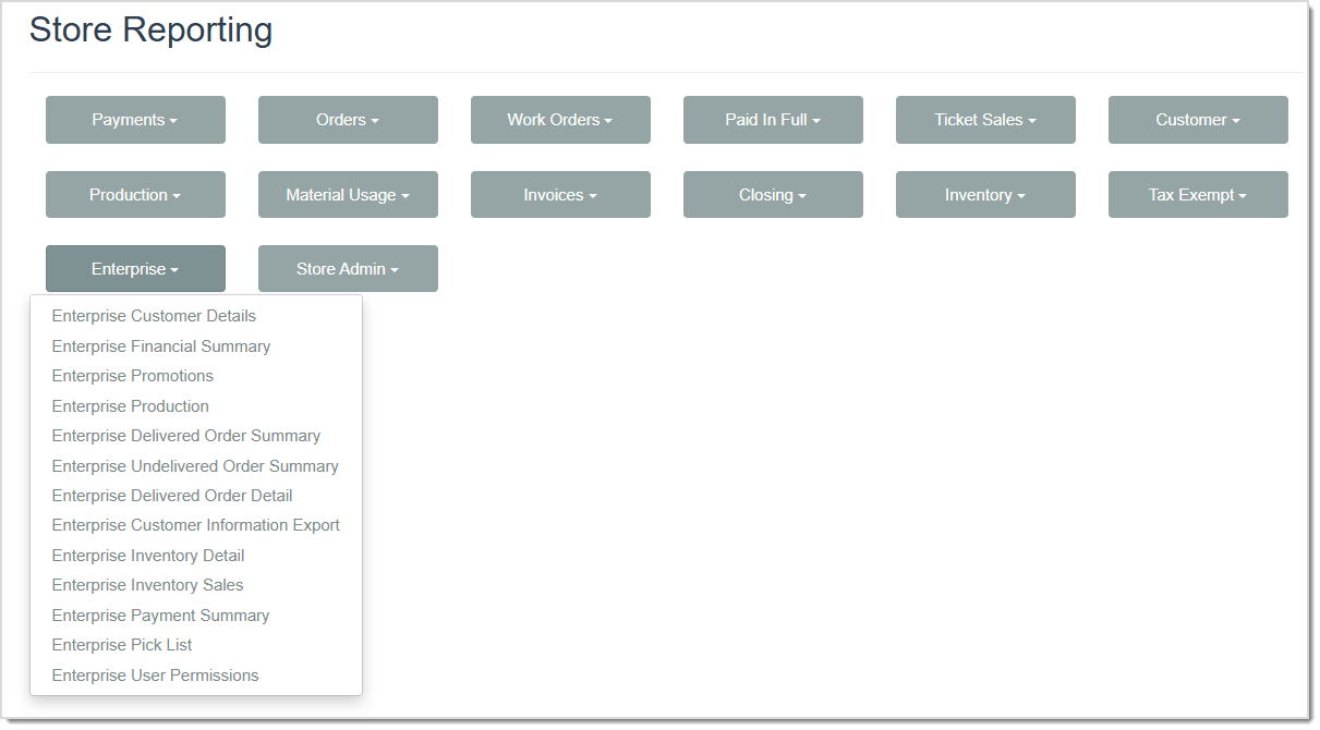 Image displaying the Enterprise Reports drop-list from the Store Reporting page of the LifeSaver software.