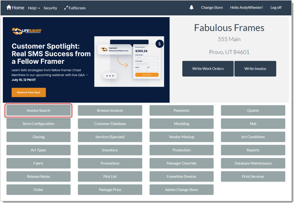 Image of the Invoice Search from the Home page of the LifeSaver system.