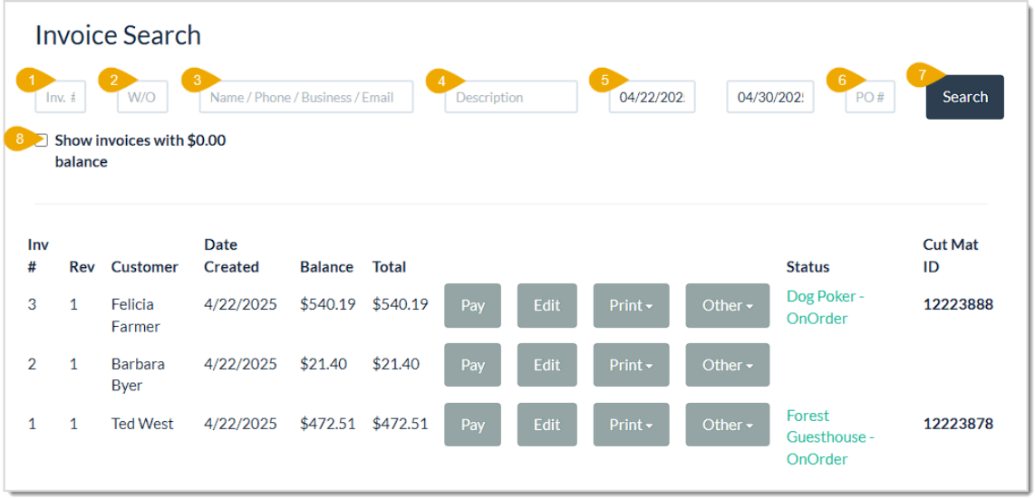 Image of the Invoice Search in the LifeSaver system highlighting different ways to search for invoices.