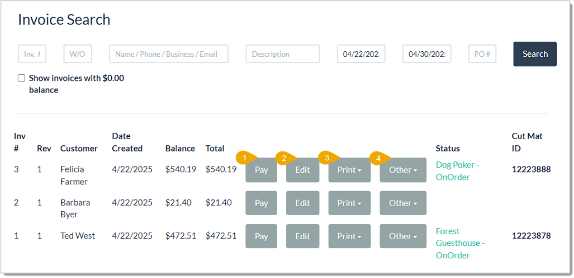 Image of the Invoice Search in the LifeSaver system highlighting action buttons for invoices.