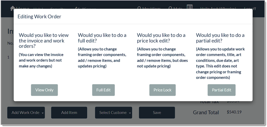 Image of the Editing Work Order window of the LifeSaver system with options for editing.