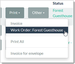Image of the Print Invoice functions in the LifeSaver system highlighting the Work Order print option.