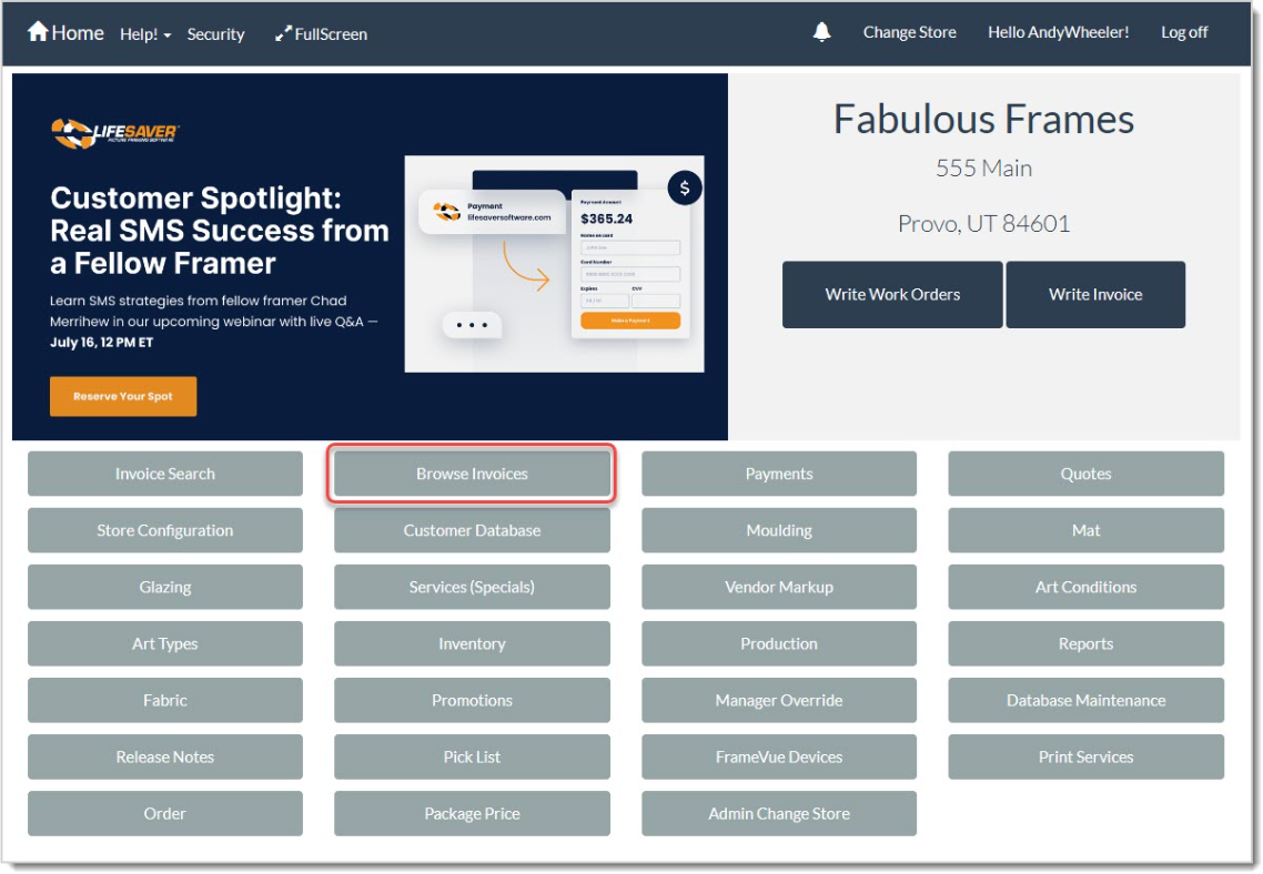 Image of the Browse Invoices feature from the Home page of the LifeSaver system.