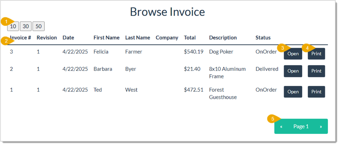 Image of the Browse Invoice window in the LifeSaver system with major functions highlighted.