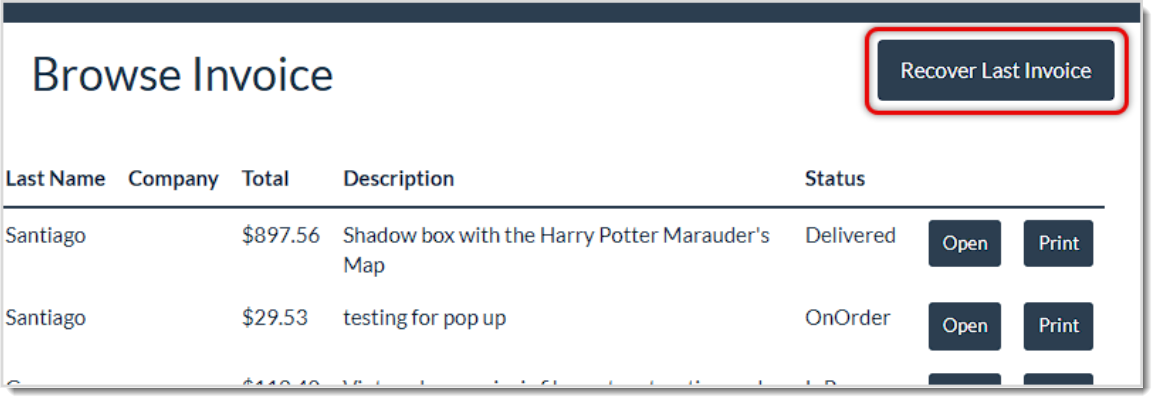 Image showing the Recover Last Invoice function of the Browse Invoices page of the LifeSaver Framing system.